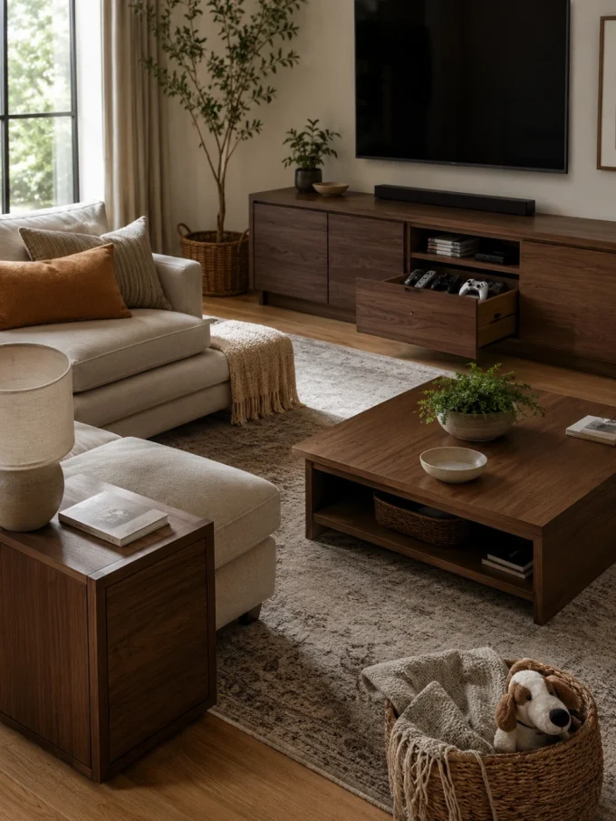 A living room with a beige sectional sofa, wooden coffee table, and media cabinet with a TV on the wall above it.