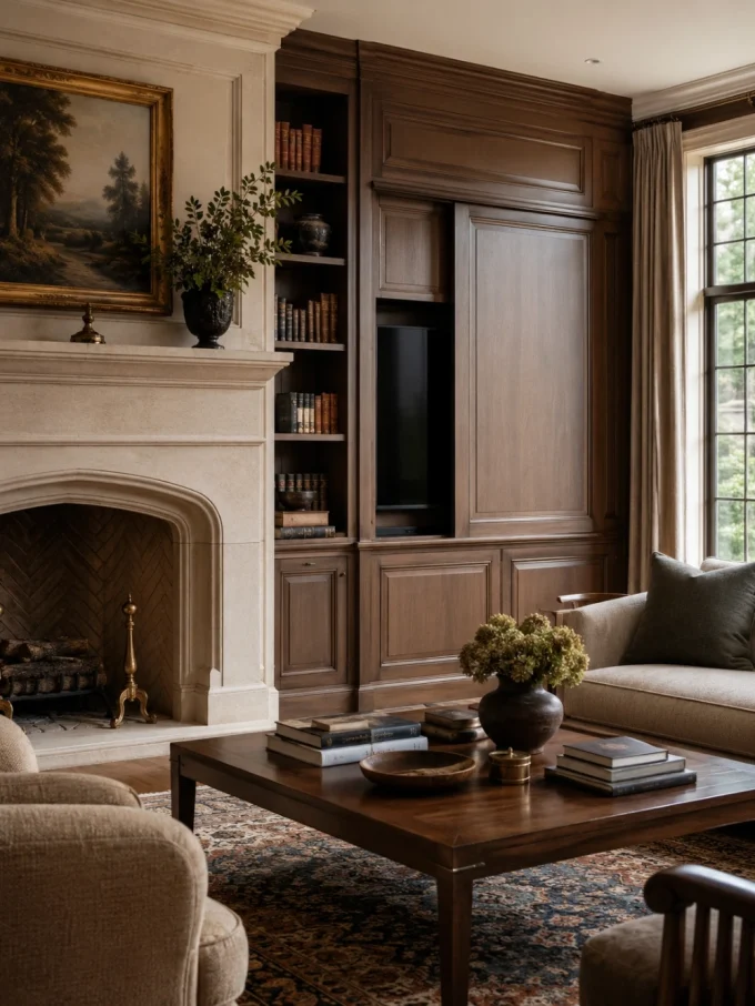 A living room with a closed wooden panel covering a television, built into a bookshelf beside a fireplace.