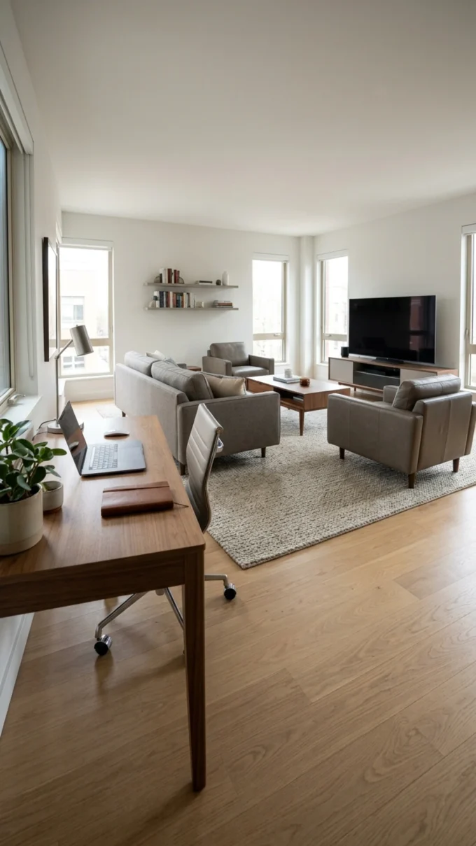 A modern living room features a sofa.