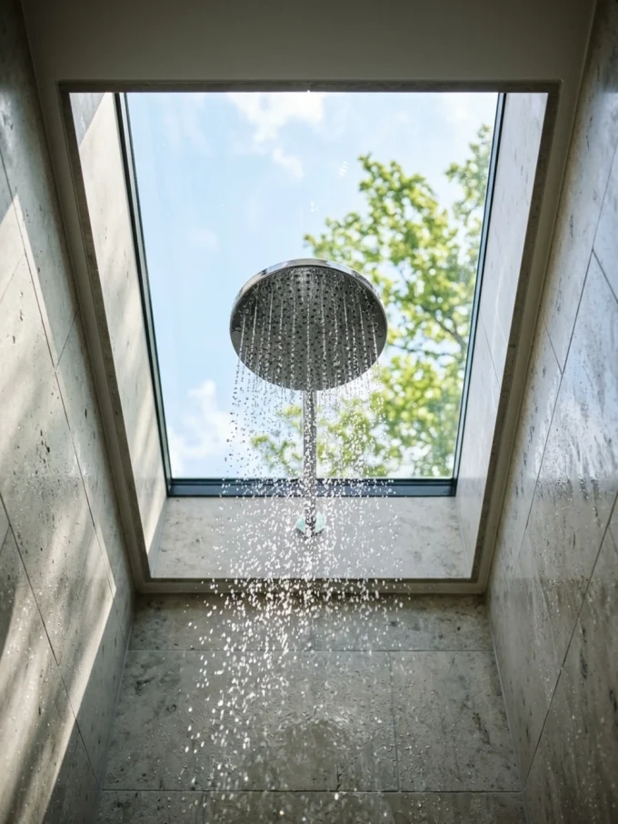 A large round rain shower head with water droplets cascading down, positioned under a skylight with a view of blue sky and green trees.