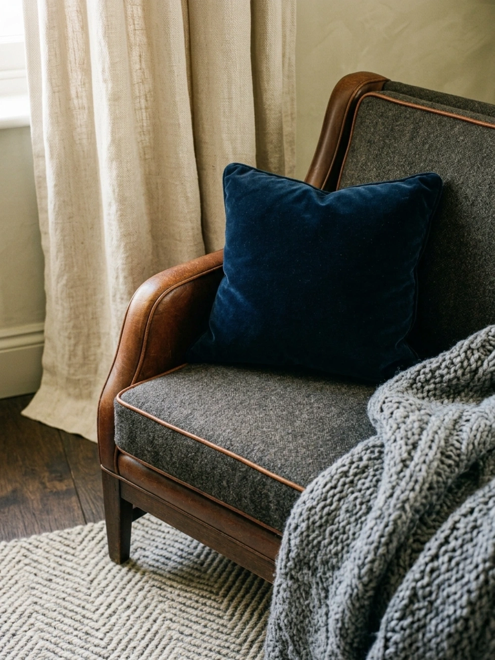 A gray upholstered chair with brown leather trim and a blue velvet pillow, accompanied by a gray knitted throw blanket.