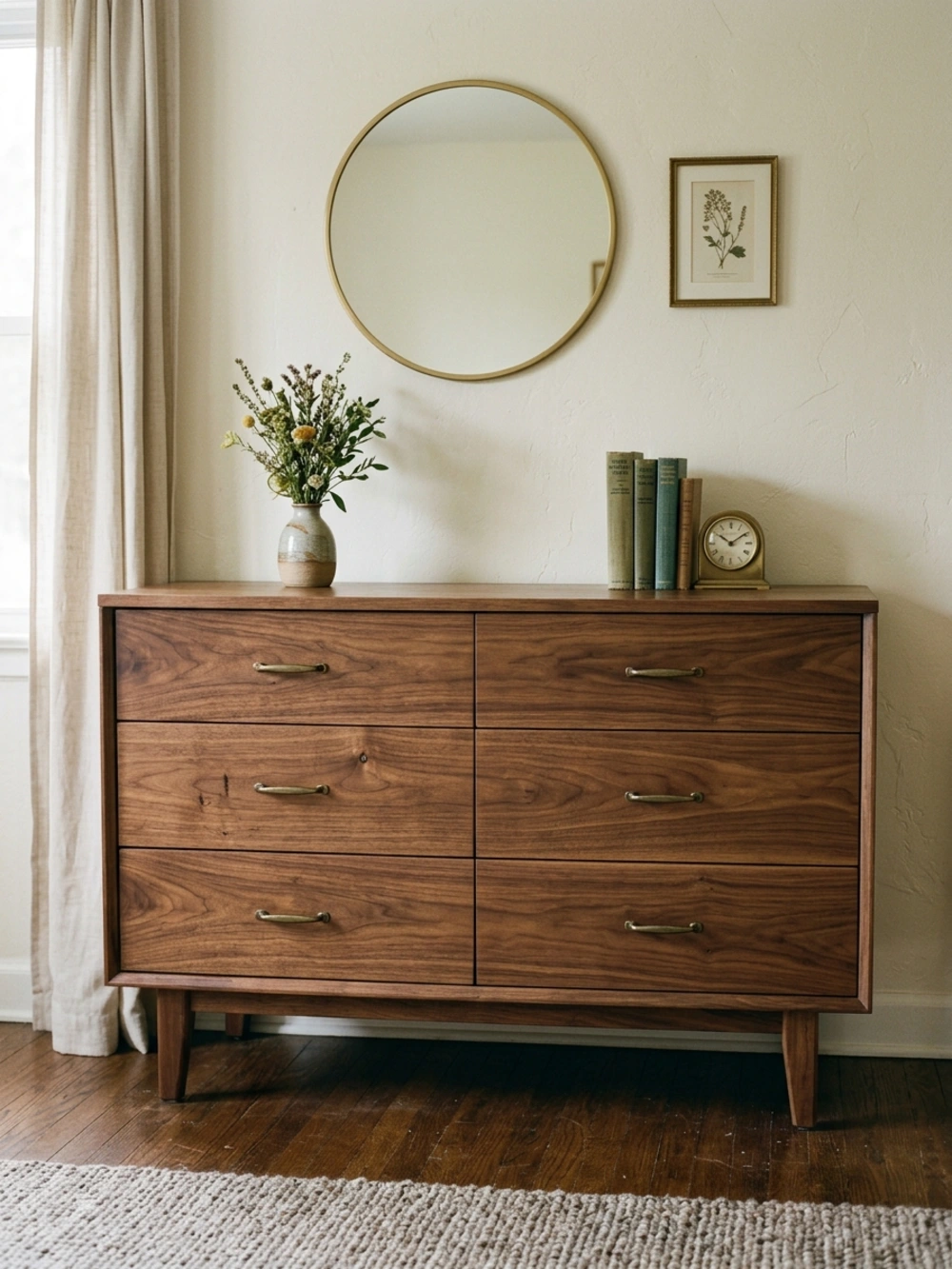 A refinished wooden dresser with brass hardware, vase of flowers, books, and clock on top