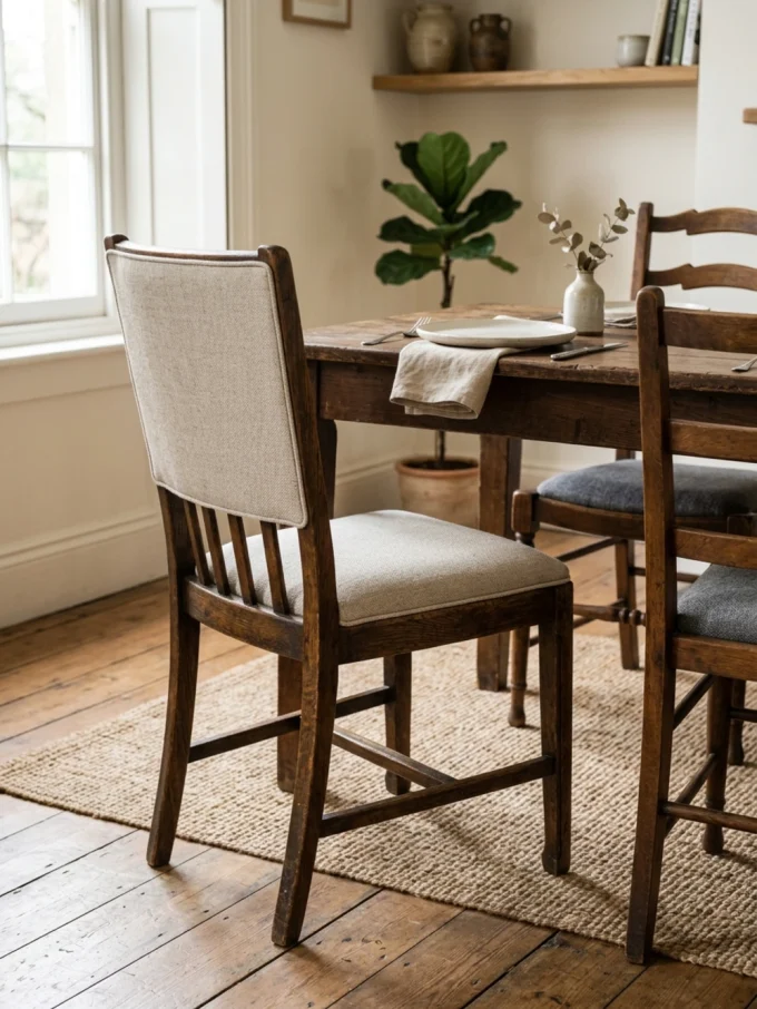 A dining chair with a wooden frame and light-colored upholstered seat and backrest.