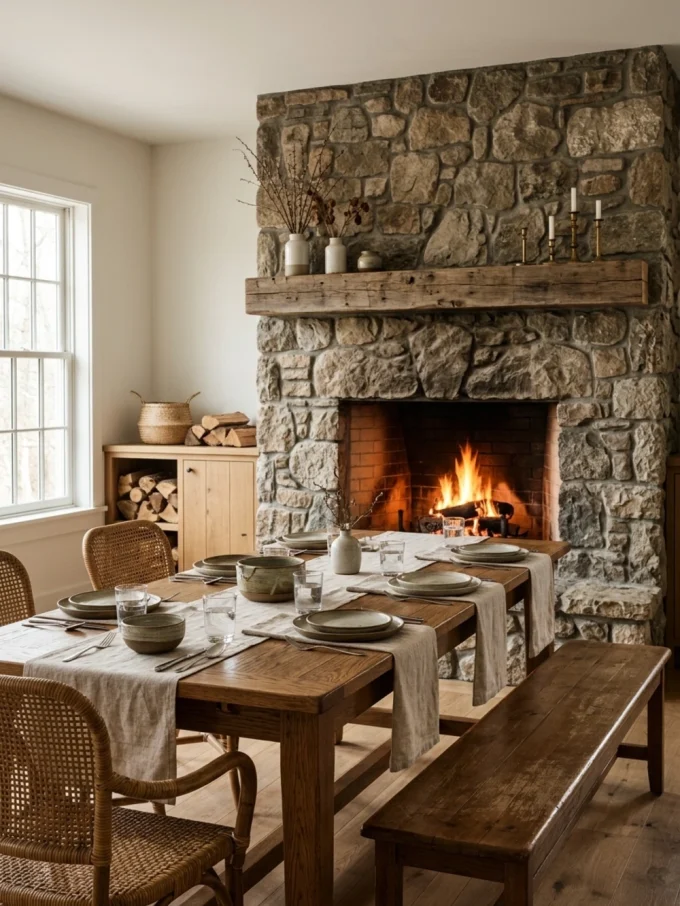 Rustic dining room with a large wooden table, stone fireplace, woven chairs, and a warm farmhouse-style setting