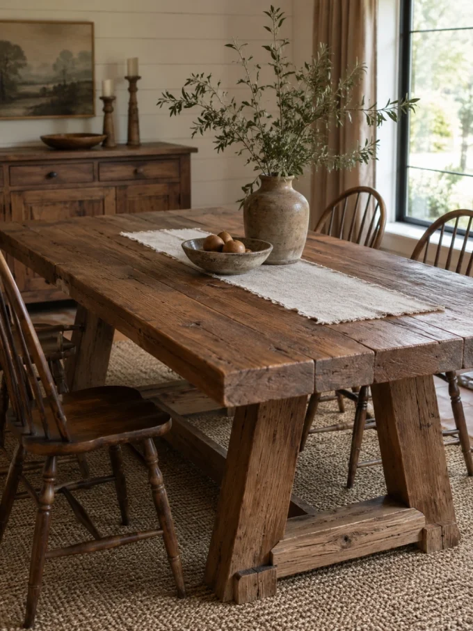 A rustic wooden dining table with a vase of greenery and a bowl of fruit