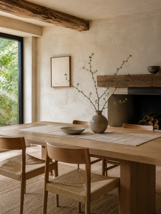 A light wood dining table with four matching chairs, a vase with branches, and a bowl on a beige placemat in front of a fireplace.