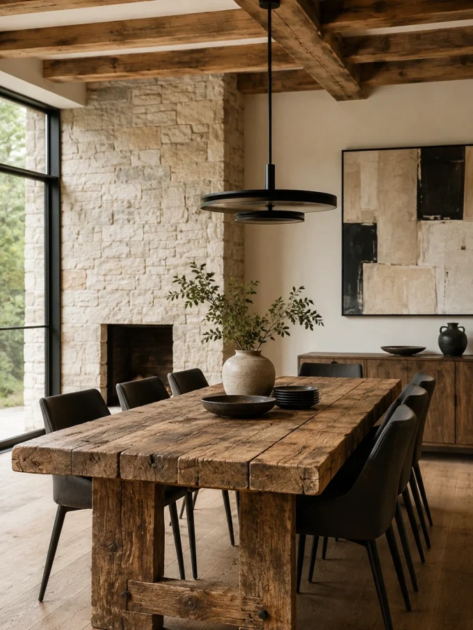 A rustic wooden dining table with black chairs and modern decor