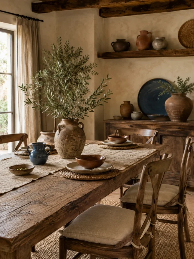 Rustic dining room with reclaimed wood table, linen tablecloth, ceramic pottery, olive branches, and warm farmhouse decor
