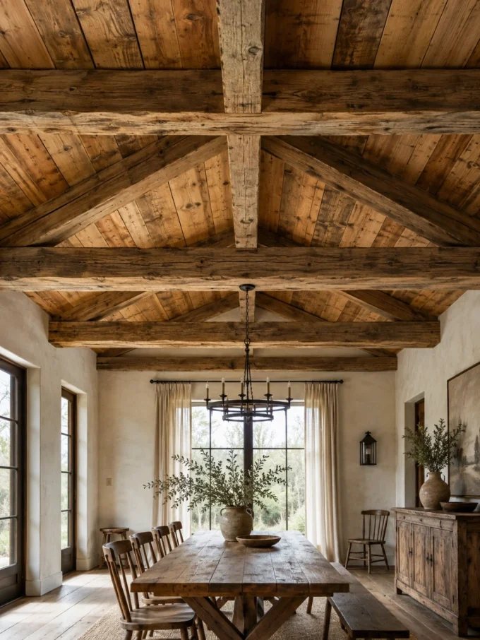 A rustic dining room with exposed wooden ceiling beams and a vaulted wood-paneled ceiling