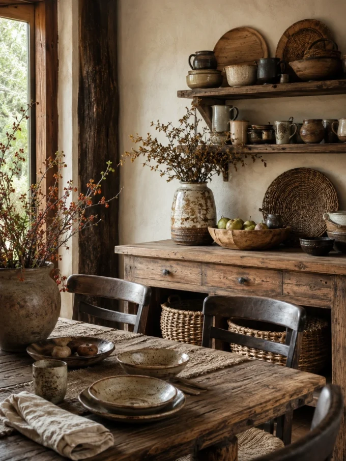 A rustic dining table set with handmade ceramics and woven elements