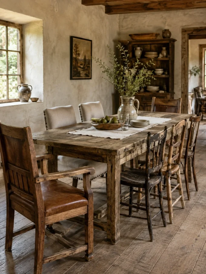 A rustic dining table with mixed wooden chairs and a bowl of pears