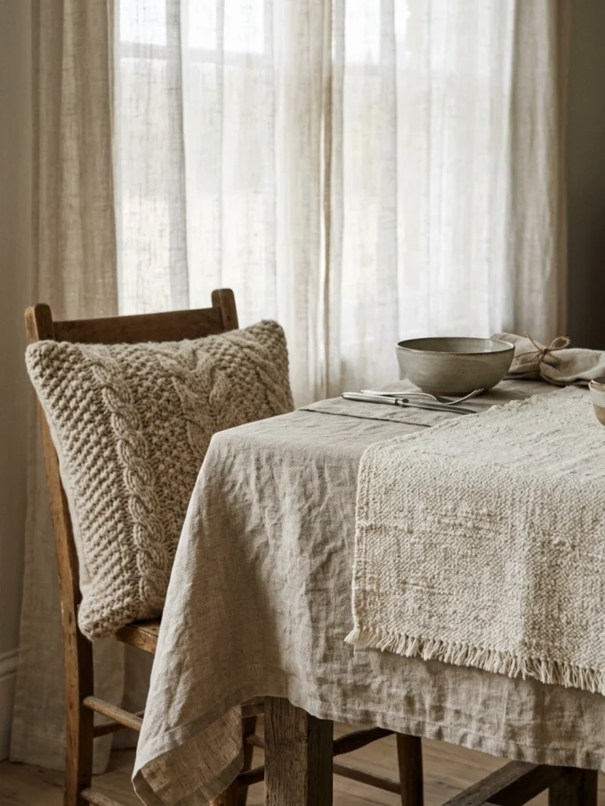 A wooden chair with a knitted pillow sits beside a table covered with a linen tablecloth and a woven placemat.