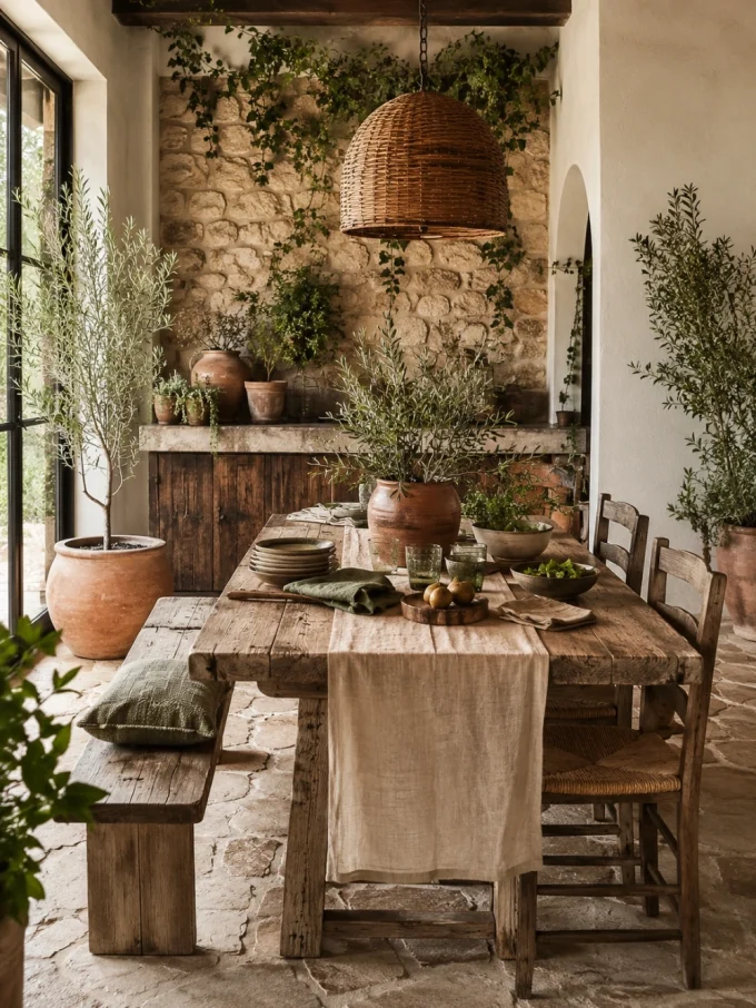 Rustic dining room with stone walls, wooden table, woven pendant light, olive trees, and Mediterranean farmhouse decor