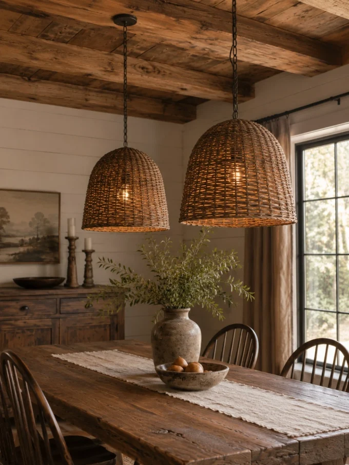 Two woven pendant lights hang above a rustic wooden dining table with a vase of greenery and a bowl of fruit.