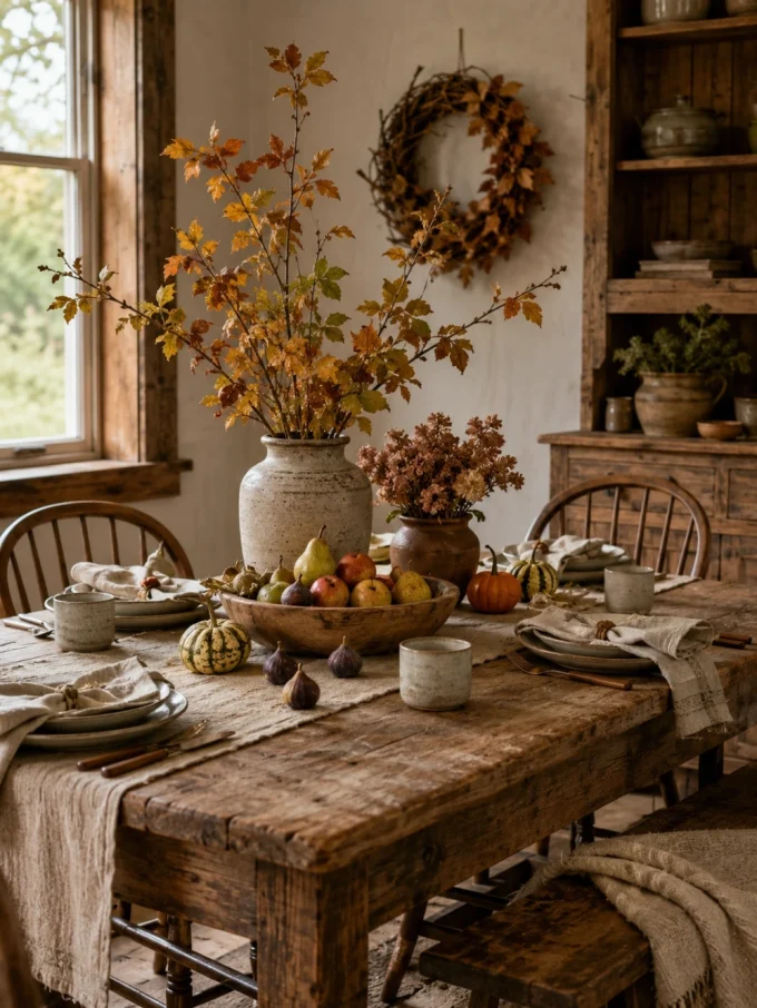 Rustic dining room with reclaimed wood table, autumn foliage centerpiece, ceramic pottery, and cozy farmhouse decor