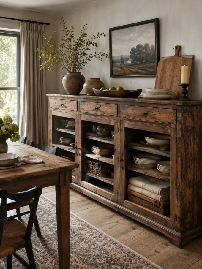 A rustic wooden sideboard with drawers and shelves filled with dishes and linens