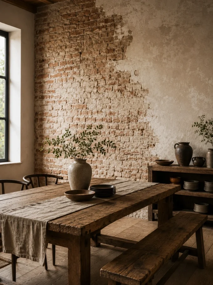 Rustic dining room with exposed brick wall, reclaimed wood table, bench seating, and neutral farmhouse decor