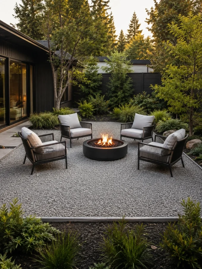Four chairs surround a lit round fire pit on gray gravel