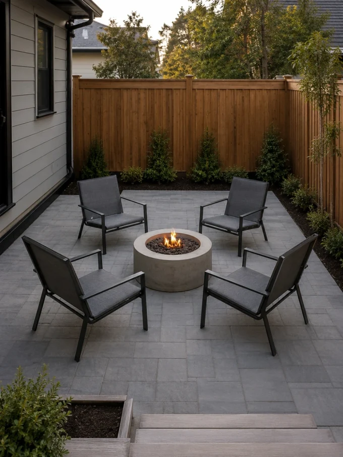 Four gray chairs surround a round concrete fire pit with small flames on black rocks in a backyard patio.