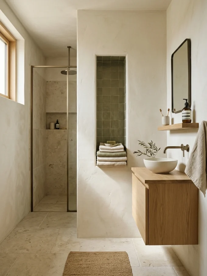 Bathroom with warm white, oak finishes, white finishes, and brass accents.