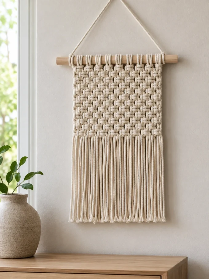 A woven macrame wall hanging with a wooden dowel and long fringe