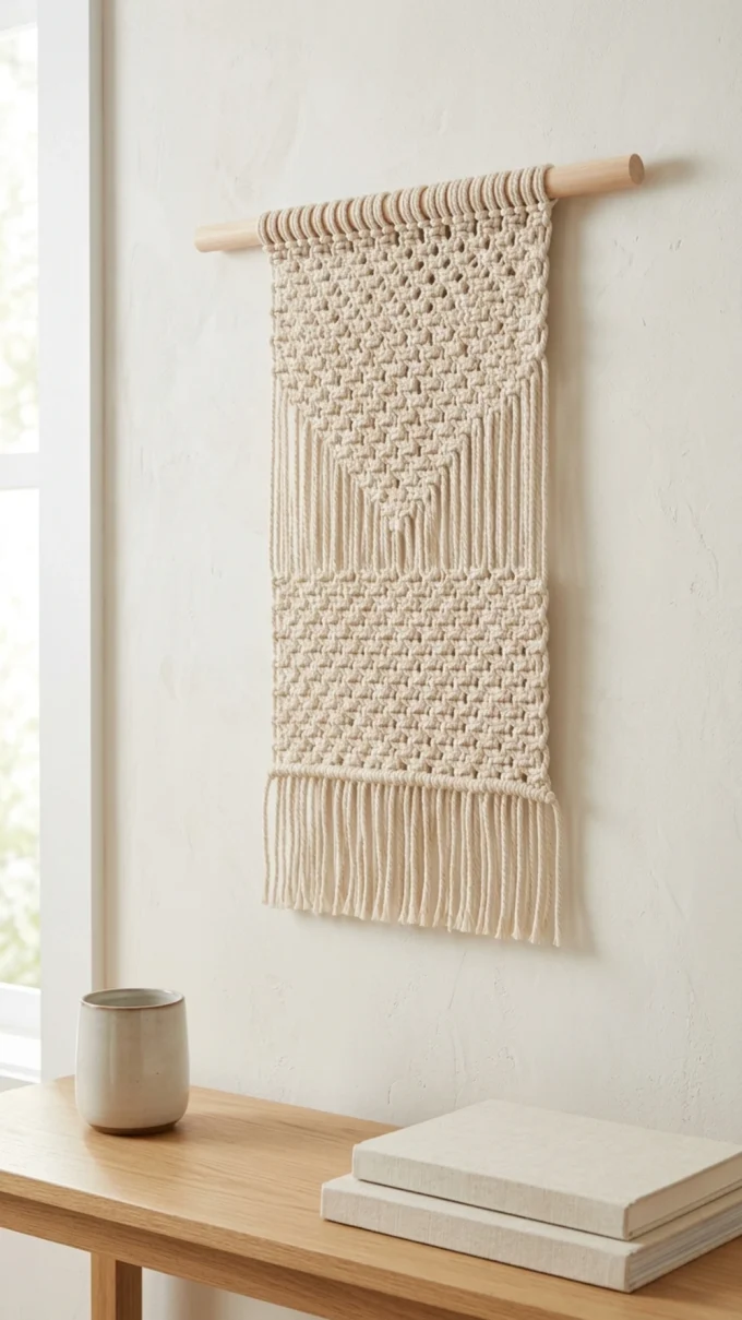 An indoor room features a macrame wall hanging, a wooden rod, an off-white macrame, and an off-white fringe.