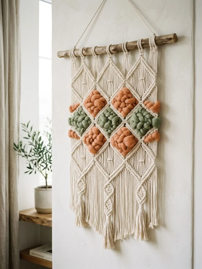 Macrame wall hanging with green and orange diamond patterns