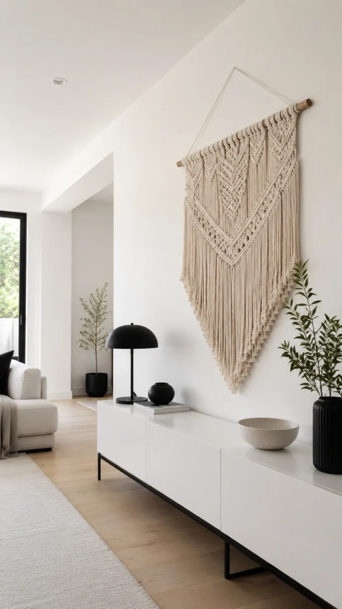 Macrame wall hanging in living room with lamp, bowl, and plants.
