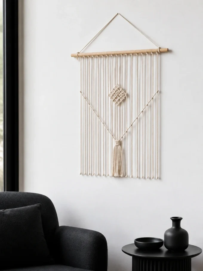 Macrame wall hanging with diamond pattern and tassel