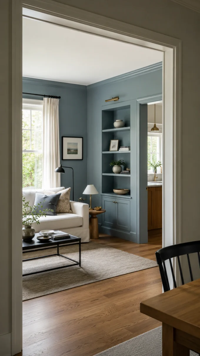 Open doorway between living room dining area. Light-colored rug off-white sofa visible. Shelving unit with books decorative objects. Natural light from window. Hardwood flooring.