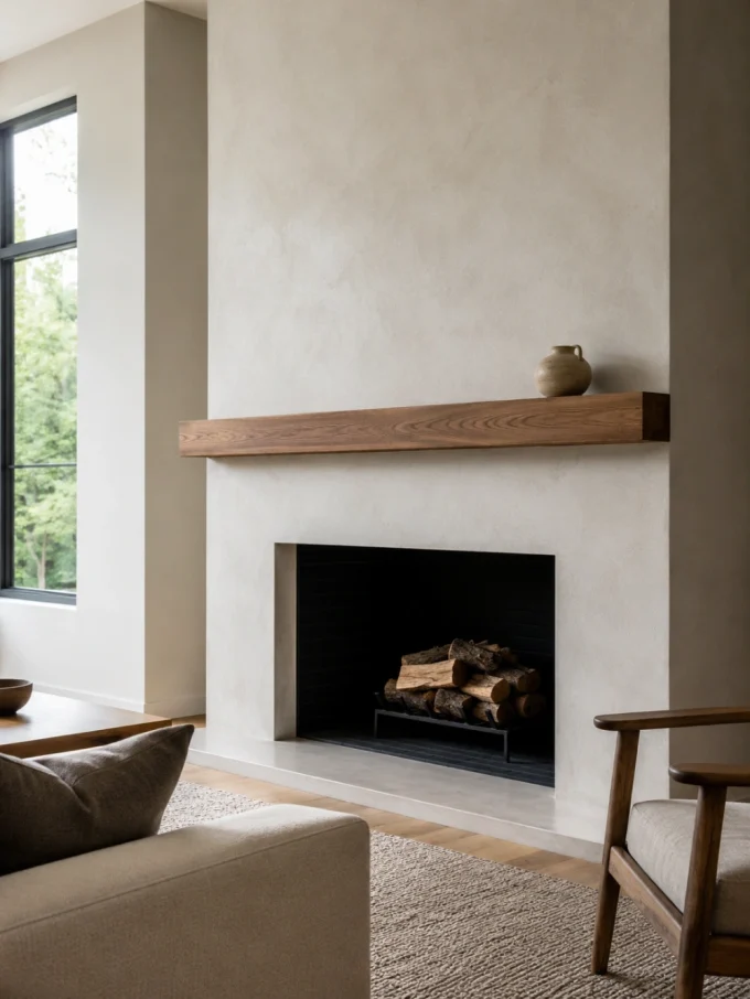 A simple wooden mantel above a fireplace with stacked logs