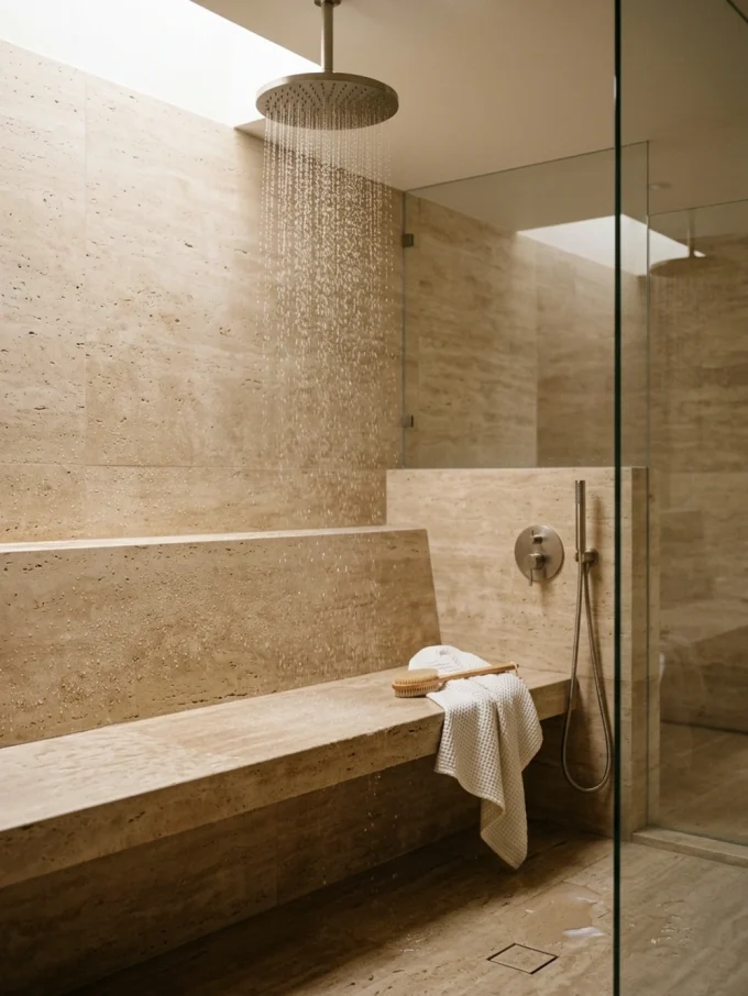Luxury rain shower with include a built-in shower bench featuring stone or tiled bench.