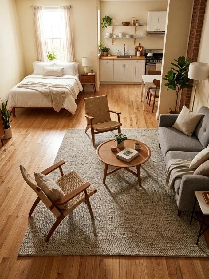 A large area rug under a sofa and two chairs defines the living zone