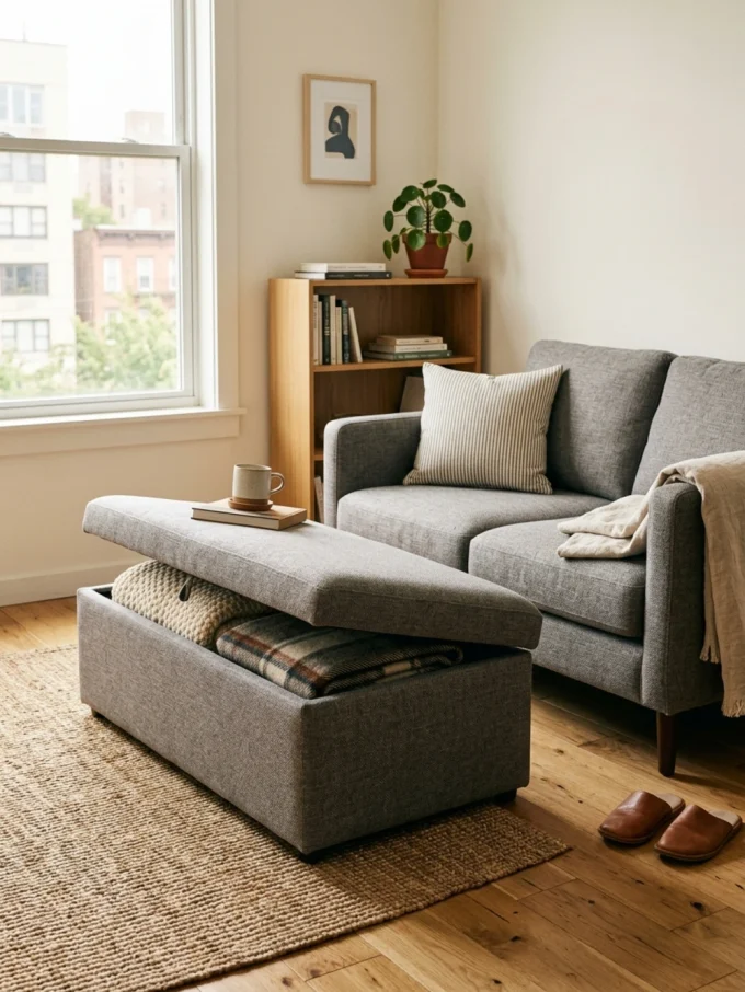 A gray storage ottoman with its lid open, revealing blankets and pillows inside, sits on a woven rug in front of a gray couch.