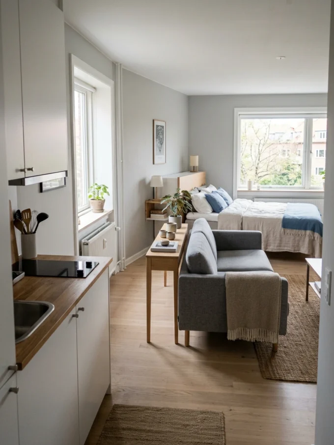 A gray sofa floats in front of a bed, separating the living area from the sleeping area in a studio apartment.