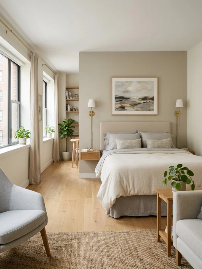 A bed with a light-colored comforter and pillows, a simple upholstered headboard, and a large piece of artwork above it, with two small lamps on either side and a wooden nightstand.