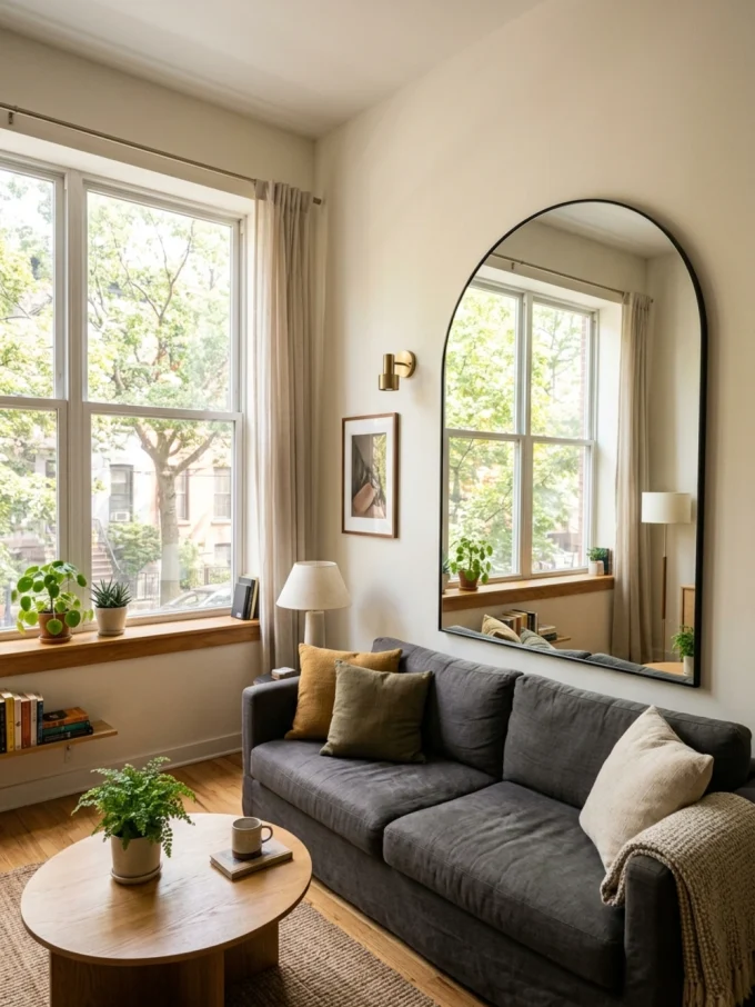 Large arched mirror above gray couch reflecting window with trees