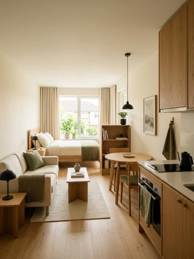 A studio apartment with a cohesive color palette, featuring a sofa, coffee table, kitchenette, dining table, and bed in the background.