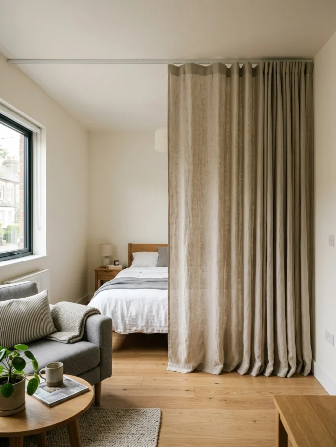 A room divider made of a floor-to-ceiling beige curtain separating a bed from a living area with a sofa and coffee table.