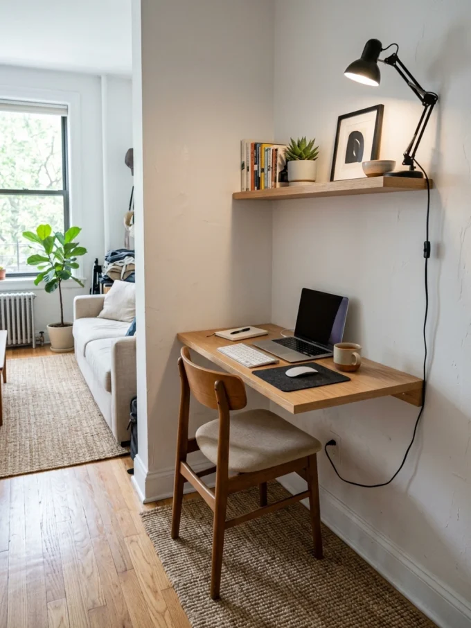 A small wooden desk with a laptop, mouse, and mug sits under a wall-mounted shelf with books, a plant, and a framed print. A black lamp shines down on the desk.