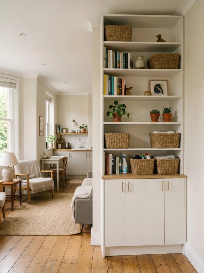 A tall white shelving unit with baskets, books, and plants on display
