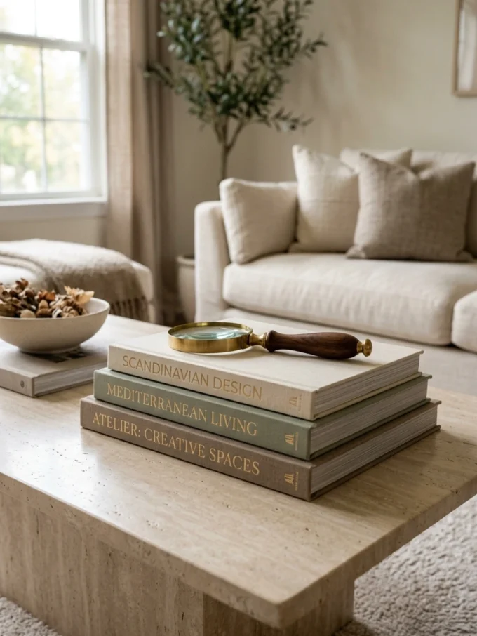Stack of design books with magnifying glass on coffee table