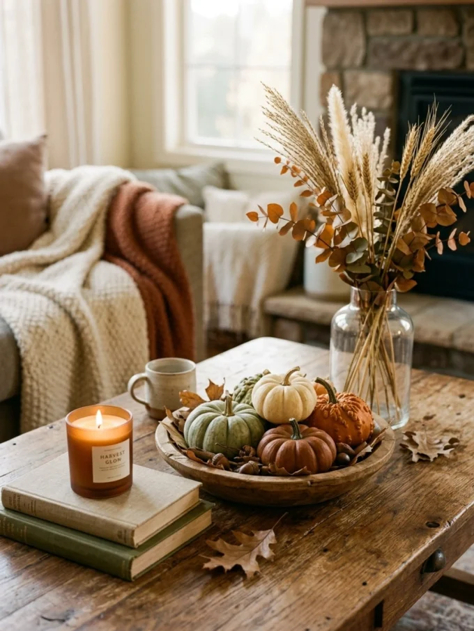 A wooden coffee table with a bowl of small pumpkins, a lit candle, and a vase of dried grasses and leaves.