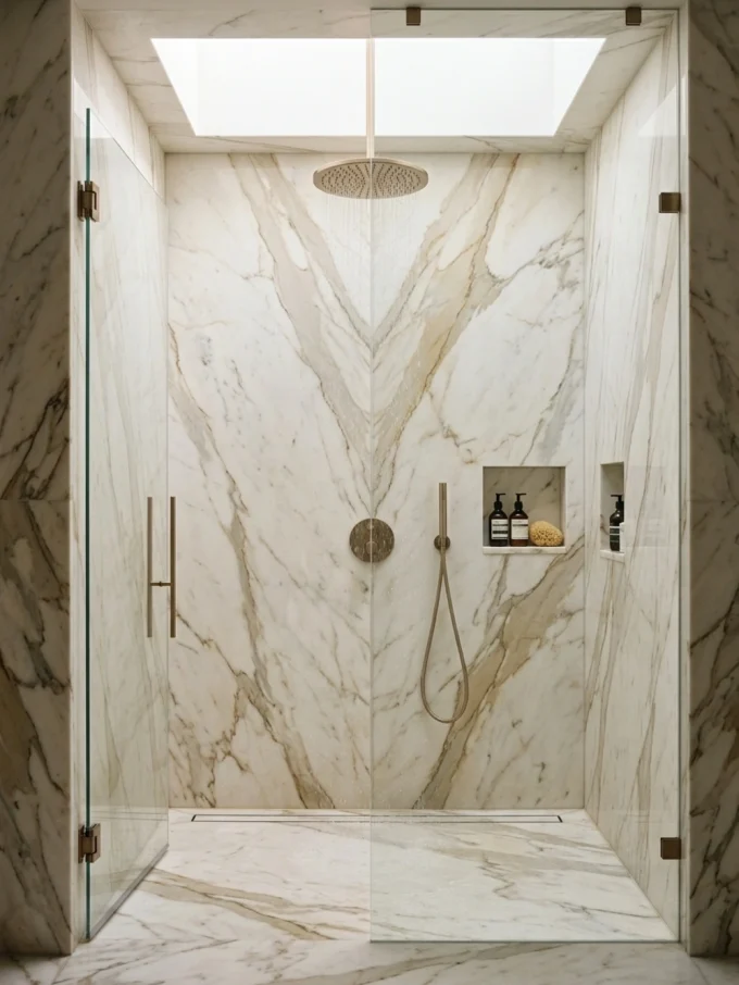 Marble shower walls and floor with rain shower head and niche