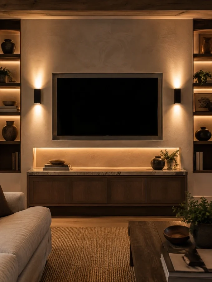 A dimly lit living room with a TV mounted on a textured white wall, flanked by wall sconces and shelves with decorative items, and a wooden console with marble top.