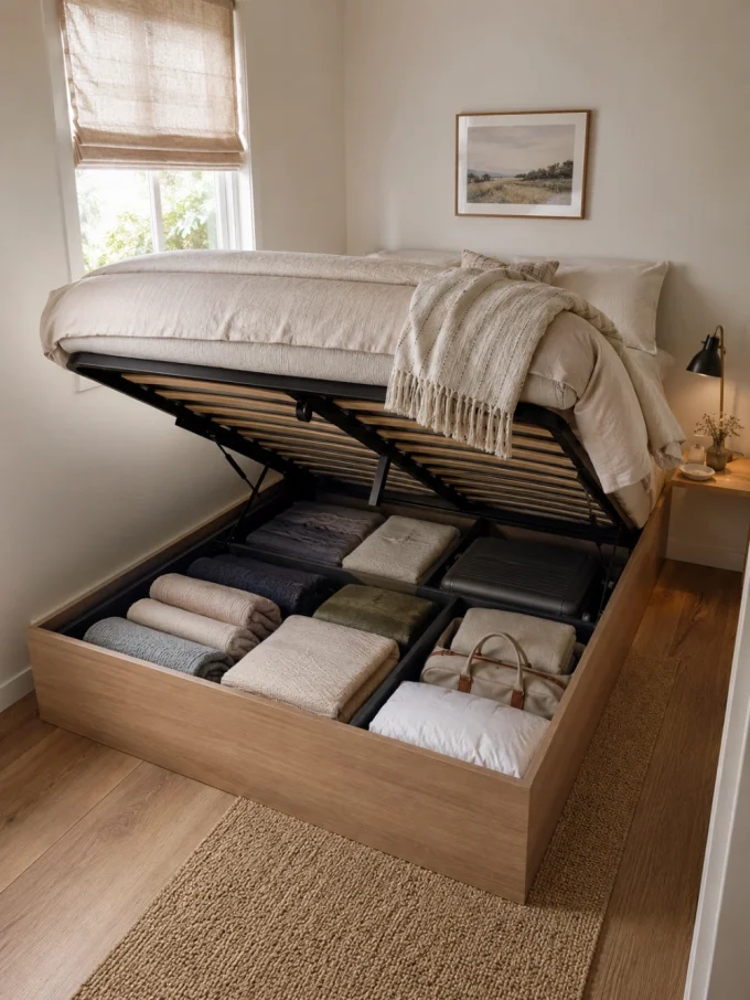 Bed with storage compartment open, showing folded blankets and bag