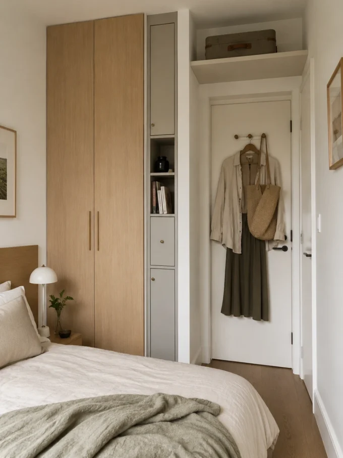 Clothing hangs on hooks behind a door beside a large wardrobe.