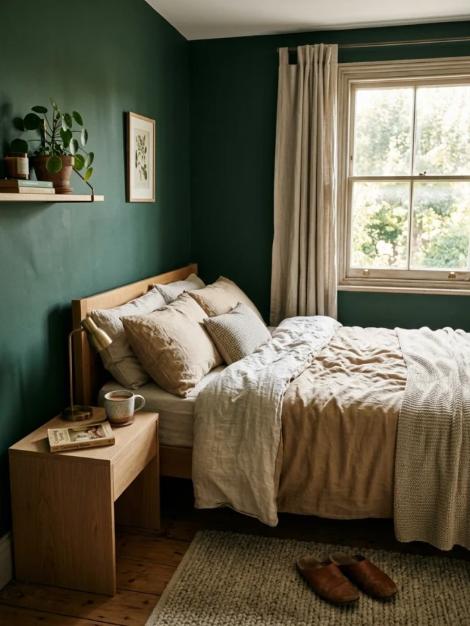 A bed with beige bedding and pillows against a dark green wall, with a window to the right and a small wooden nightstand to the left.