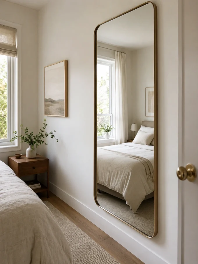 A large mirror reflects a bed and window in a small bedroom.