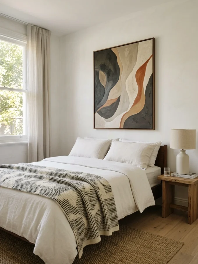 Framed abstract painting above bed with white comforter and pillows